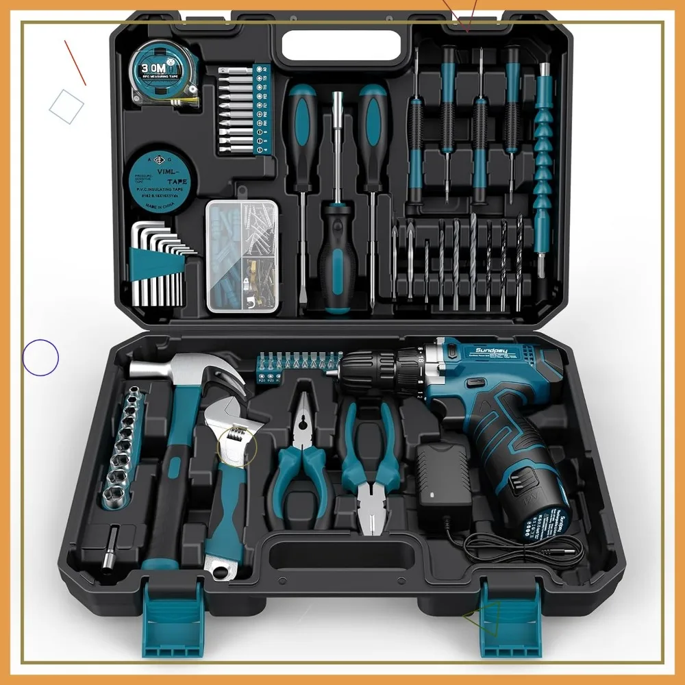

206-Piece Cordless Drill Tool Kit with 12V Power Drill, Household Tool Set for Home Repair and Garden Work