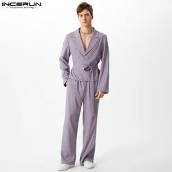 INCERUN 2024 American Style Sets Stylish New Men Tie Double Breasted Cropped Suit Straight Leg Pants Male Clubwear Suit 2 Pieces