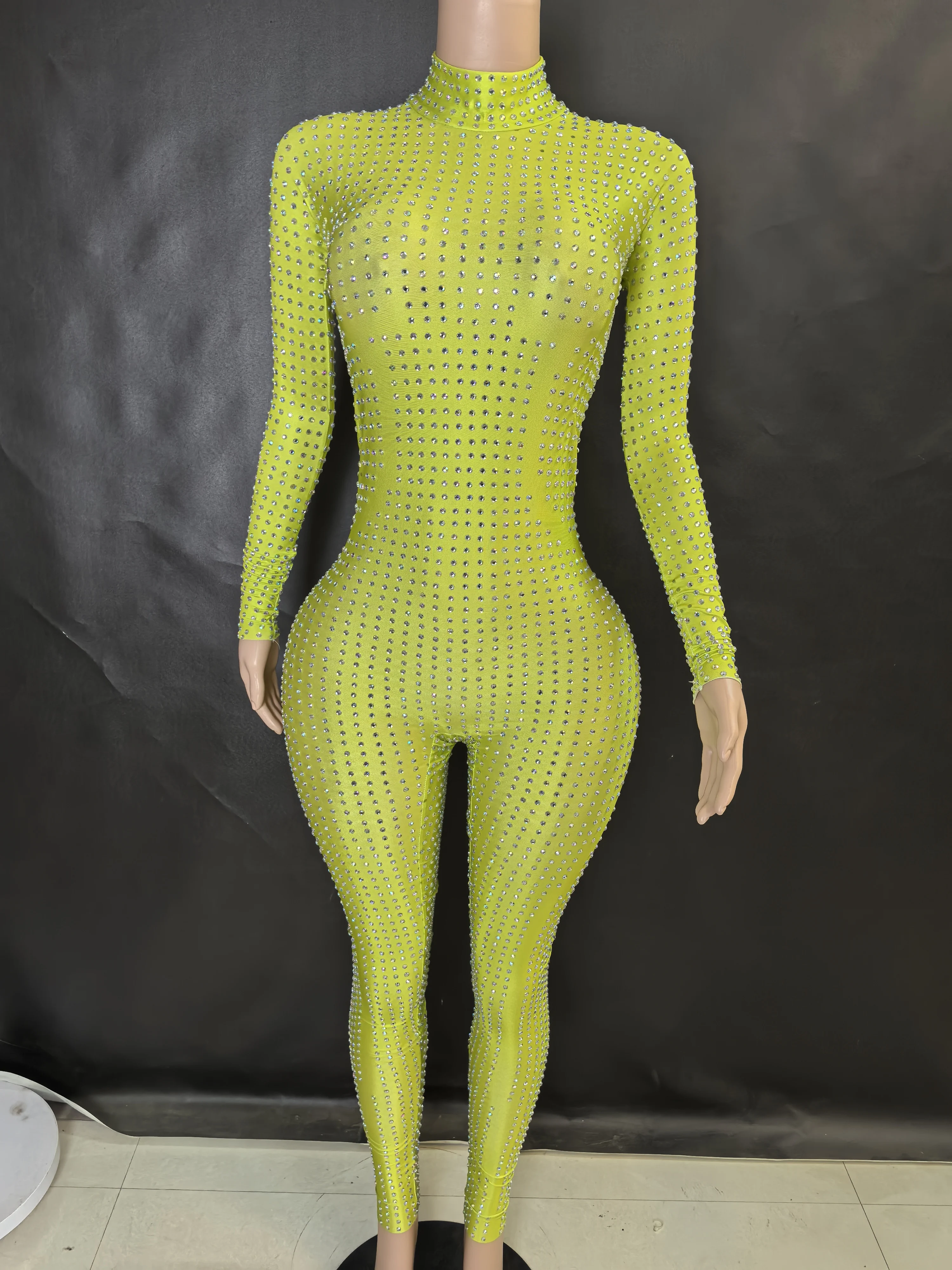 Women's Sparkly Long Sleeve Crystal Rompers Bodycon Bodysuits for Pole Dance Stage Performance Party One Piece Jumpsuits 7G