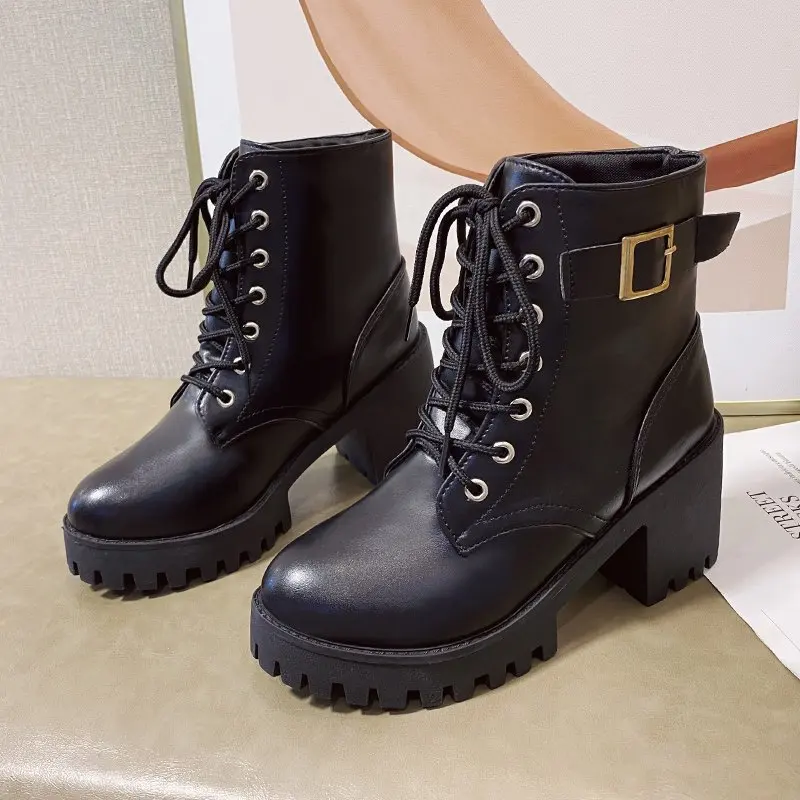 

British Style 2025 New Round Head Chunky Heel Ankle Bootie Women's Boots Black Lace Up Shoes Botines Para Mujeres Size 35-42