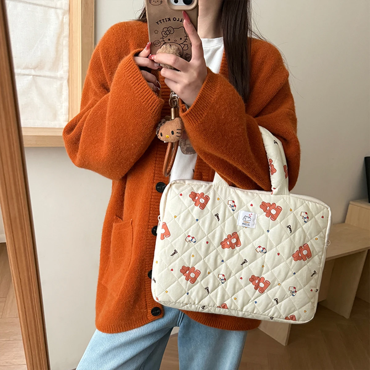 Business Daily Use Ladies Work Tote Laptop Case Nylon Material Cartoon Pattern Decor Quilted Waterproof Anti Shock Zippered