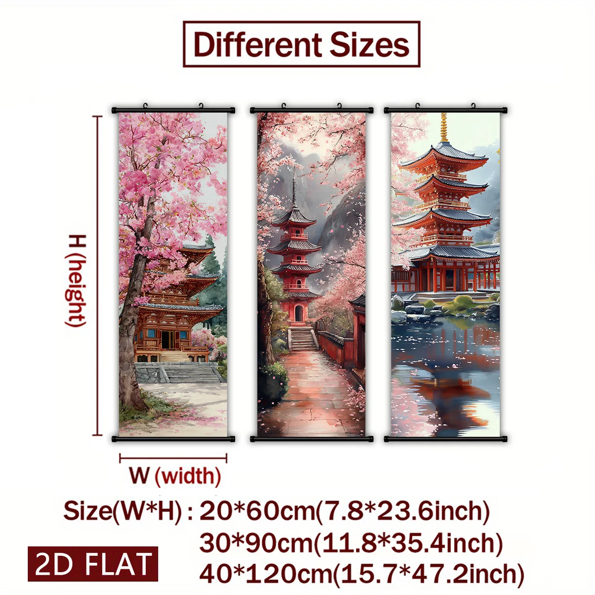 VIKAMA Japanese Cherry Blossom Pagoda 3 Piece Wall Scroll Tapestry Set Watercolor Wall Art Decor for Living Room Bedroom Gift