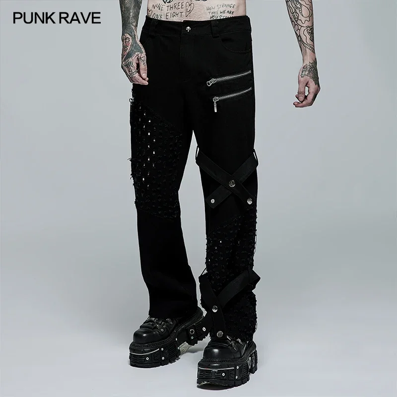 PUNK RAVE Men's Punk Daily Wear Holes Casual Trousers Decorative Zipper Non-elastic Denim Pants Leg Loop Can Be Removed