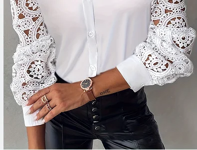 White Lace Hollow Blouses And Shirt For Women Elegant Ladies Office Shirt Long Sleeve Button Tops Fashion Lapel Women\'s Clothing