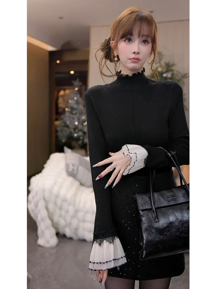 

Mimius Knitted Headband Sweater Women's Lace fling High Collar Gentle Inner Wear Top Polyester Fiber Winter Season