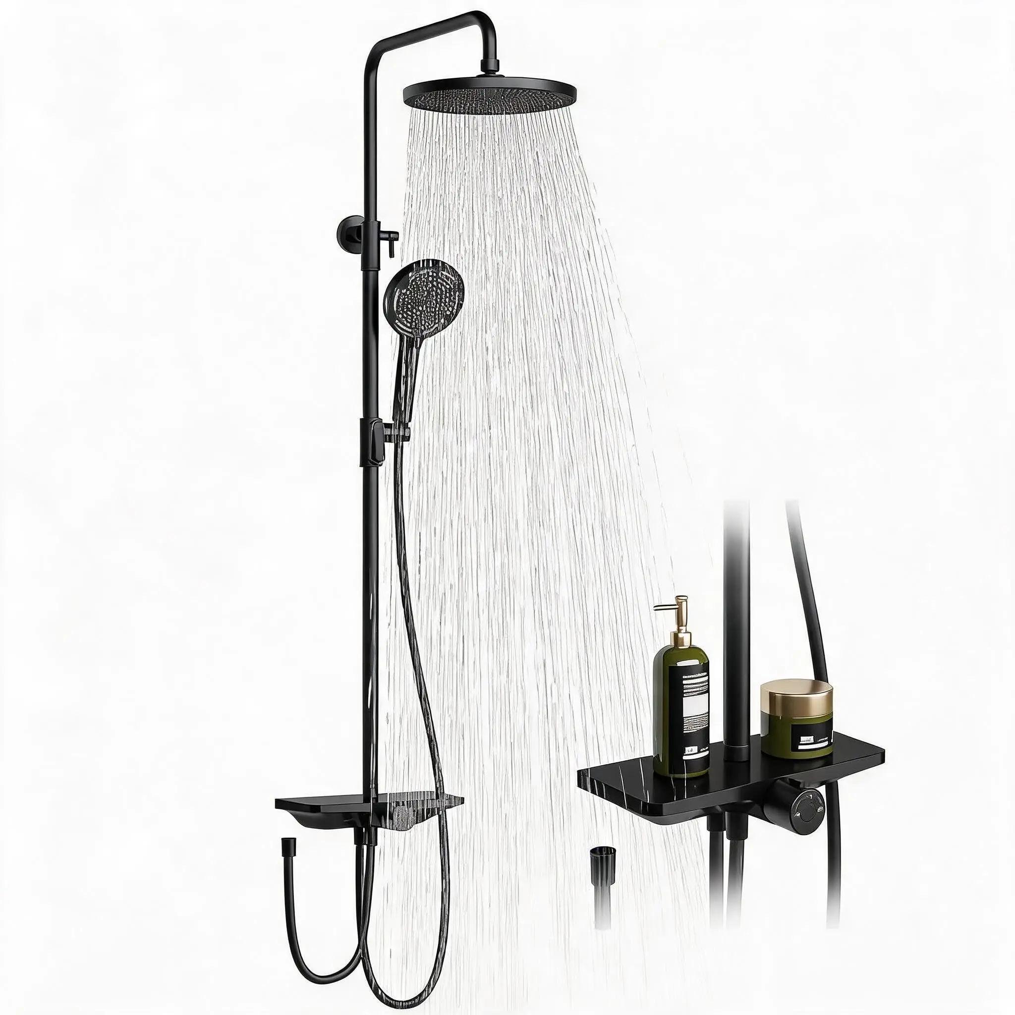 Système de douche sans vanne, pommeau de douche pluie en acier inoxydable de 25 cm, barre coulissante réglable en hauteur avec douchette à 3 jets, étagère de 27 cm, installation sans perçage, raccord G1/2