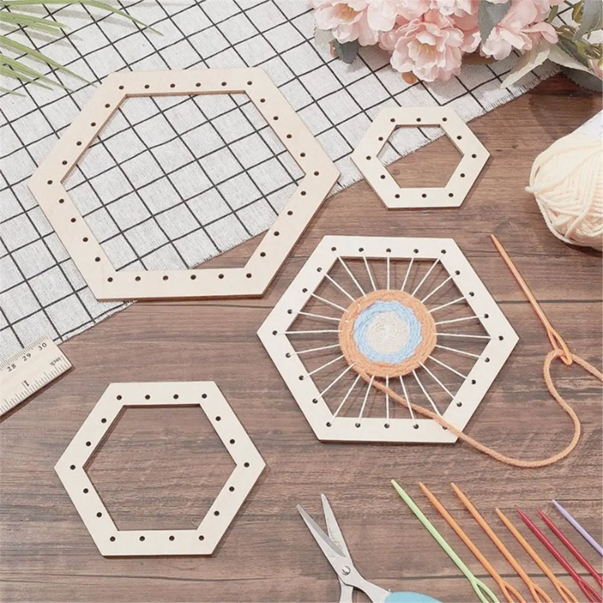 4set DIY Hand Weaving Tools Set for Hexagon, Circle, Square Shapes Premium Wooden Weaving Boards