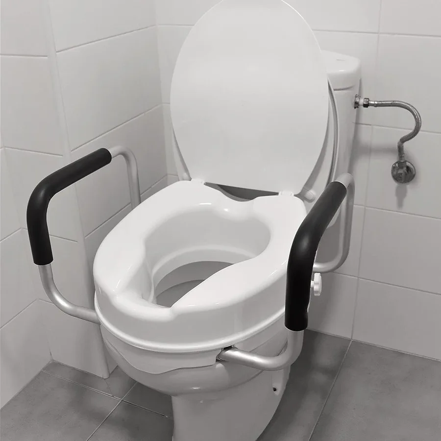 Raised Toilet Seat With Armrest Lid Aluminum Alloy 4 Inch Heightening Cushion Tool Free Installation Elderly Care