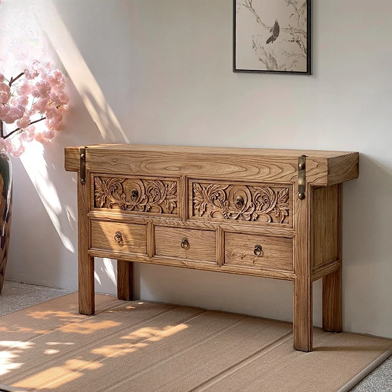 Wabi Sandy Wind Solid Wood Entrance Cabinet, Old Elm Wudou Locker, Zhongtang Table Hotel God of Wealth Case