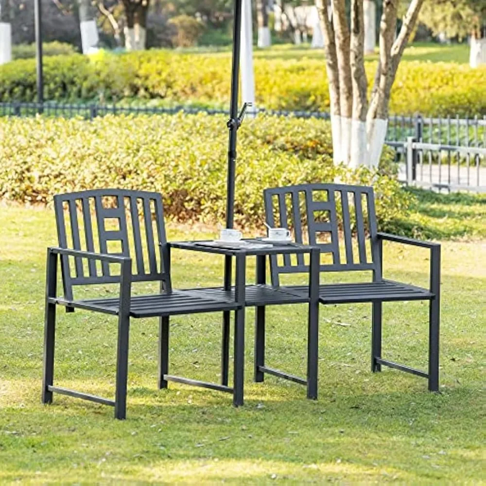 Outsunny Metal Garden Bench with Middle Table and Umbrella Hole, 2-in-1 Double Patio Chairs, Outdoor 2-Person Tete-a-Tete