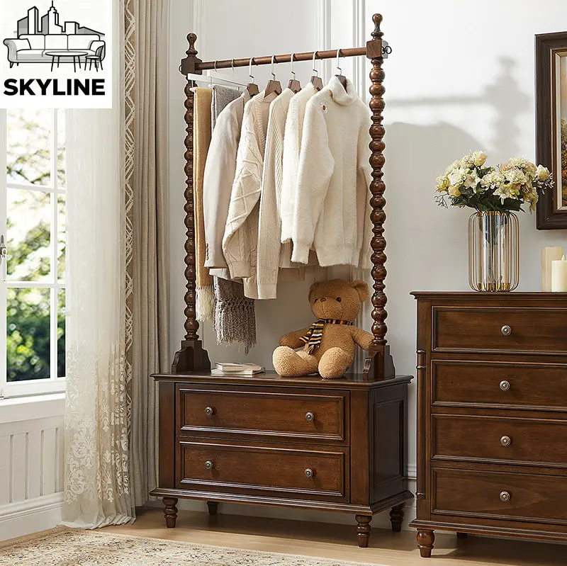 Solid wood coat rack floor-to-ceiling retro hanger bedroom storage cabinet integrated rack