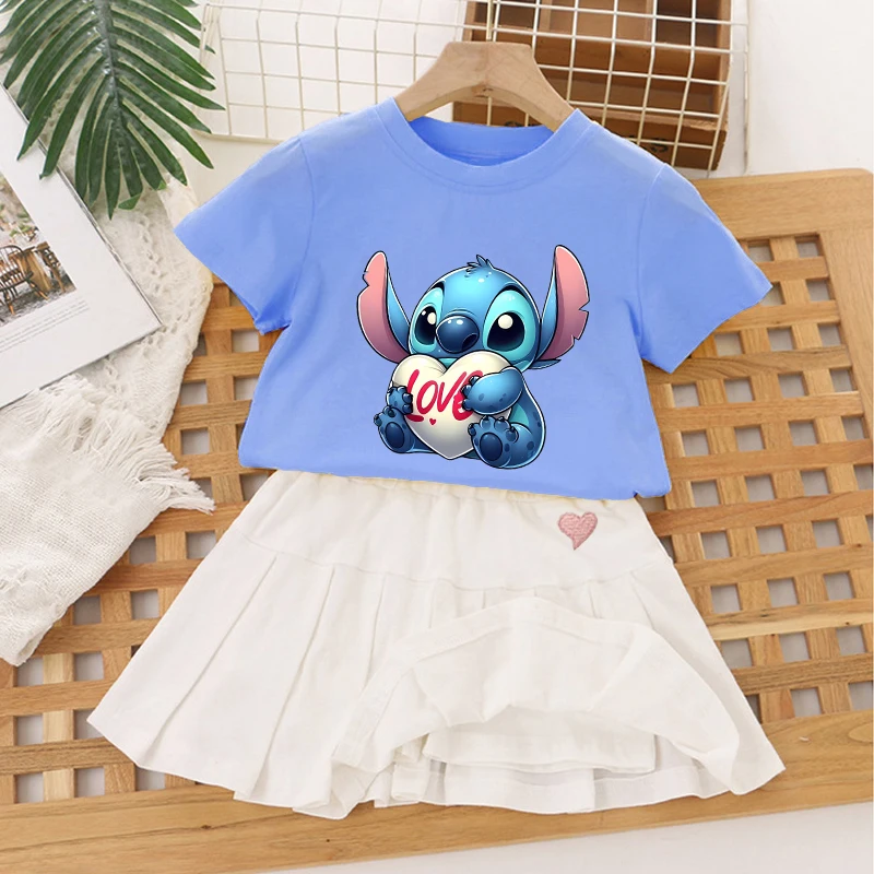 Disney Lilo&stitch Kids Girls Student Uniform Skirts T Shirt Pleated Culottes Child Summer Skirt with Inner Safety Pant Dress