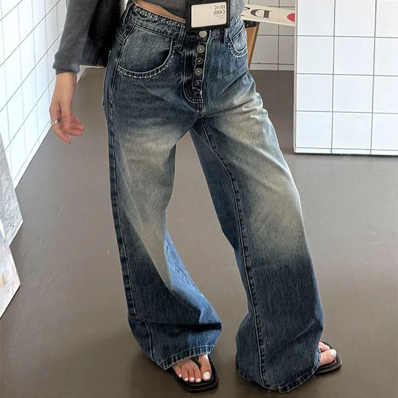 Washed Single Breasted Jeans For Women American Fashion Retro Embroidered Denim Pants Casual High Street Female Trousers