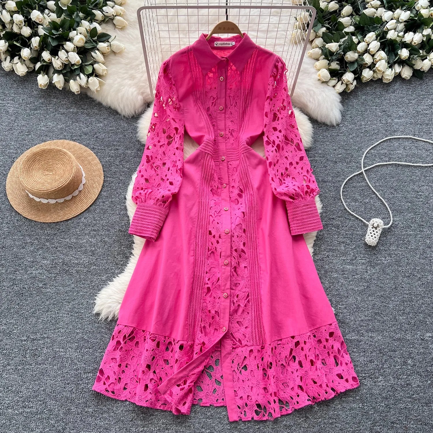 

French Elegant Crochet Lace Embroidery Spliced Hollow Out Shirt Dress Women Long Sleeve Single Breasted Holiday Party Vestido