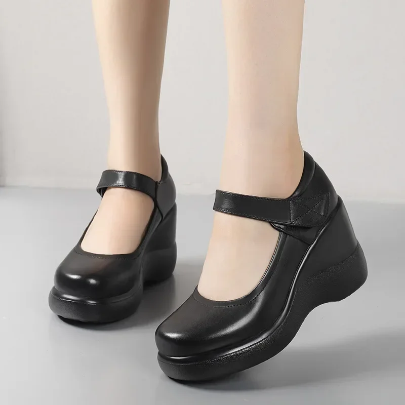 8.5cm Small Size 32-43 Fashion Shallow Platform Wedges Shoes Women Mary Janes 2024 Fall High Heels Pumps for Office Mode Mom