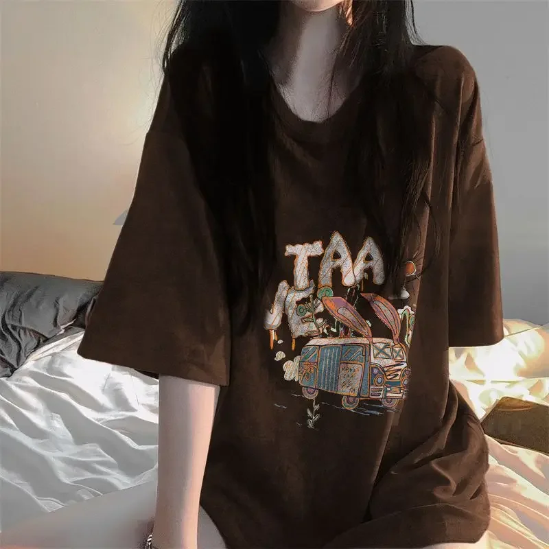 DAYIFUN Women T-shirt American Brown Cotton Car Letters Printed T Shirt 2024 Hip Hop Casual Tshirt Summer Short Sleeve Tops Tees