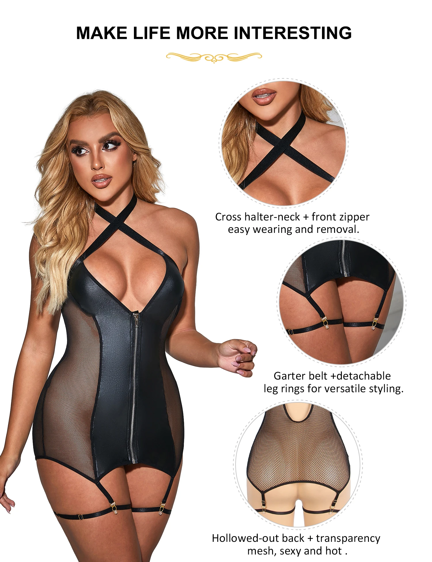 Ohyeahlady Sexy Sleepwear PU Leather Mesh Gartered Lingerie V-Neck Lingerie Set Black Halter Backless Baby Doll With Leg Ring