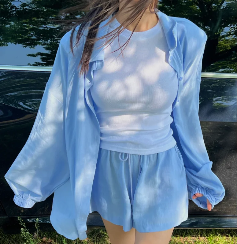

Women's Loose Lazy Style Slimming Thin Shirt Top Shoulder Pad Drawstring Waist Wide Leg Short Pants Set Cotton Material
