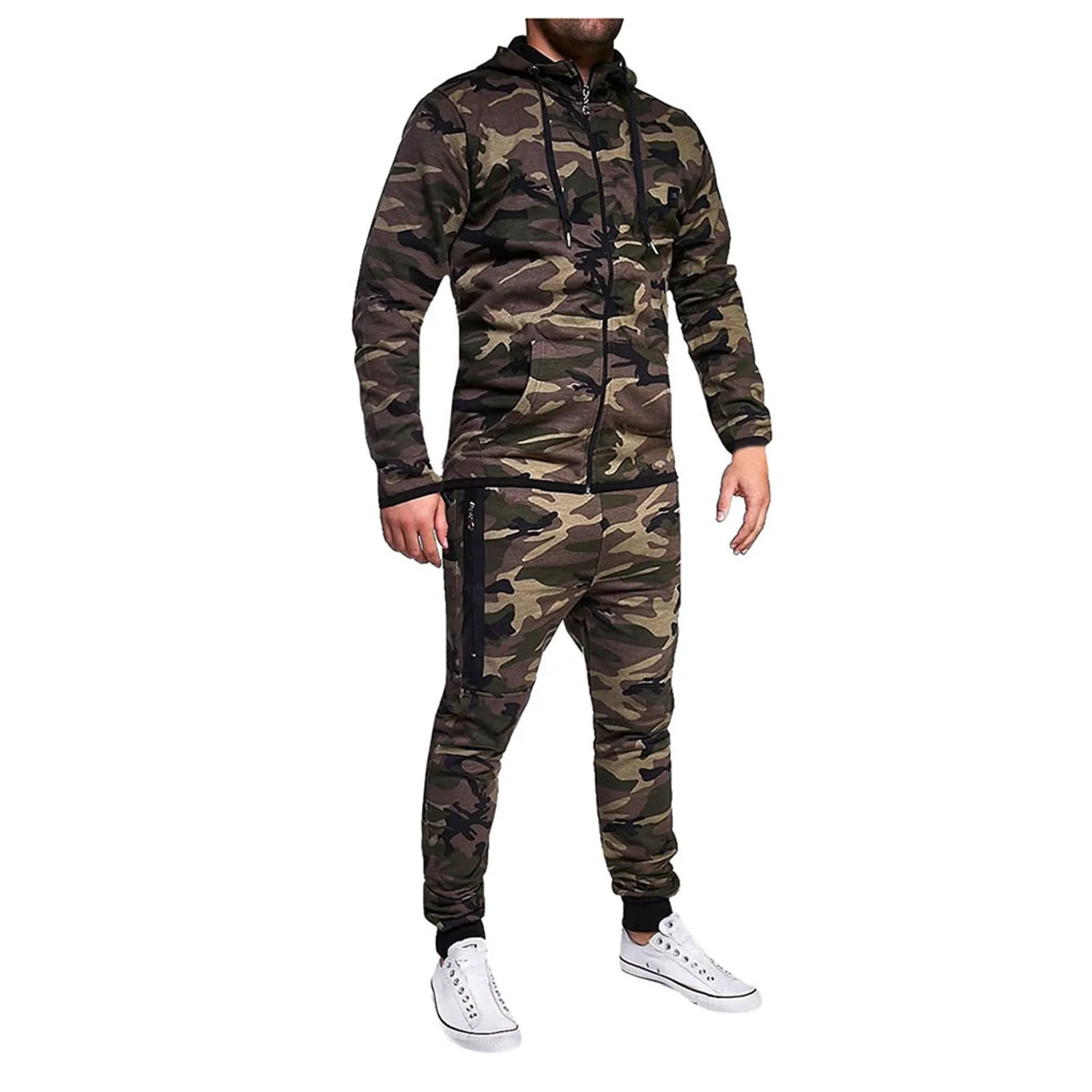 

Men's Tracksuit Winter Camouflage Print Hooded Sweatshirt Pants Set Casual Sporty Long Sleeve Zipper Outfit Popular Cozy Outfit