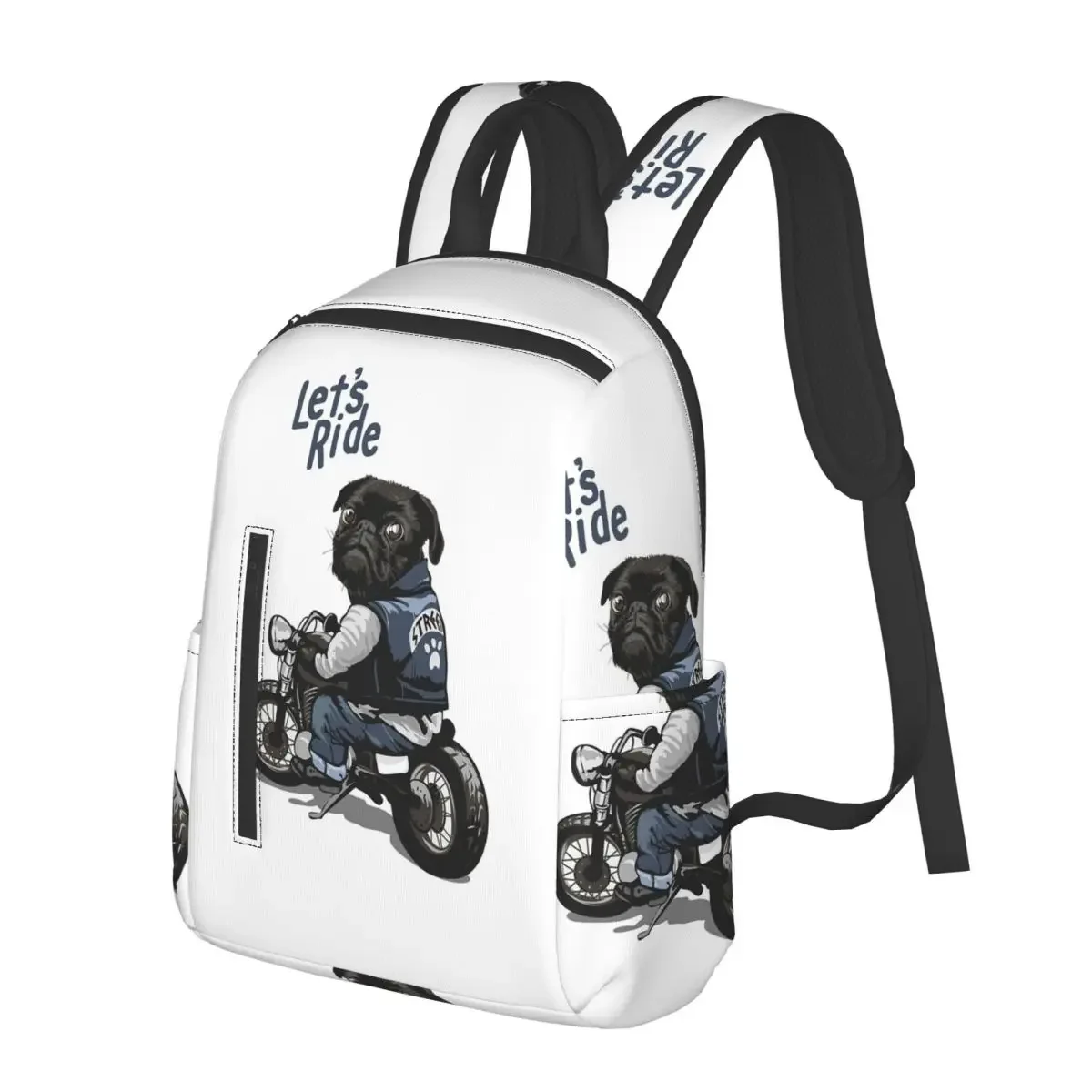 Let's Ride Motorcycle Big Bike Black Pug Dog Backpack School Bag Hiking Travel Daypack for Men Women Bookbag Shoulder Bags