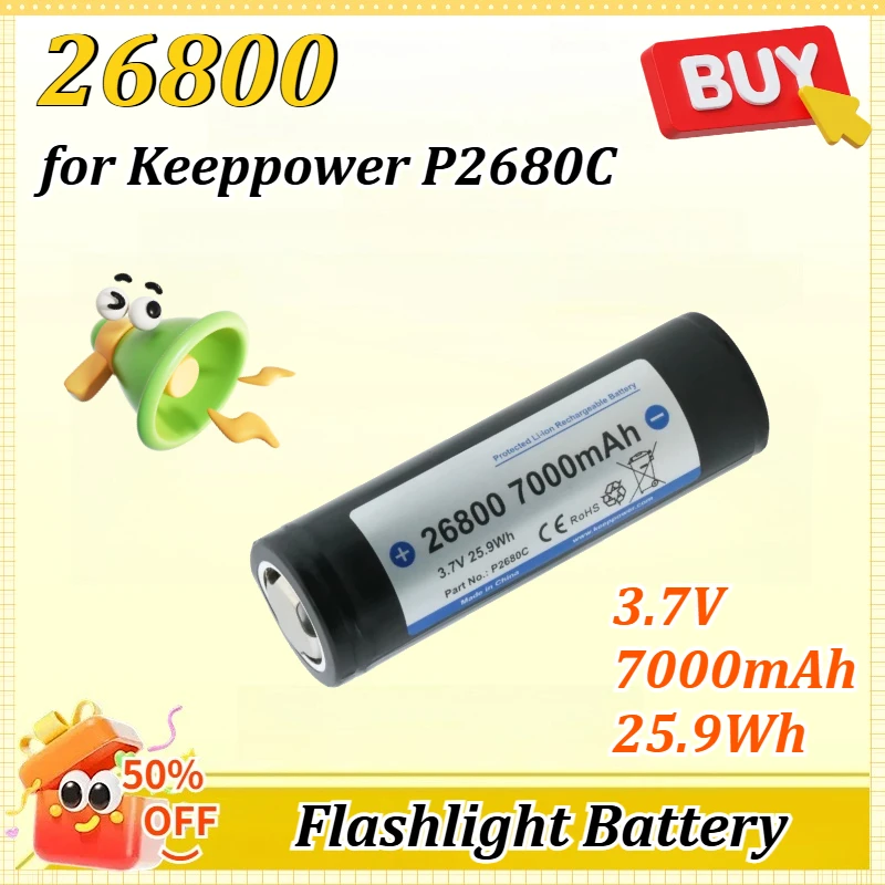

26800 3.7V 7000mAh for Keeppower P2680C High Capacity High-Brightness Flashlight Battery Rechargeable Lithium Battery Safety