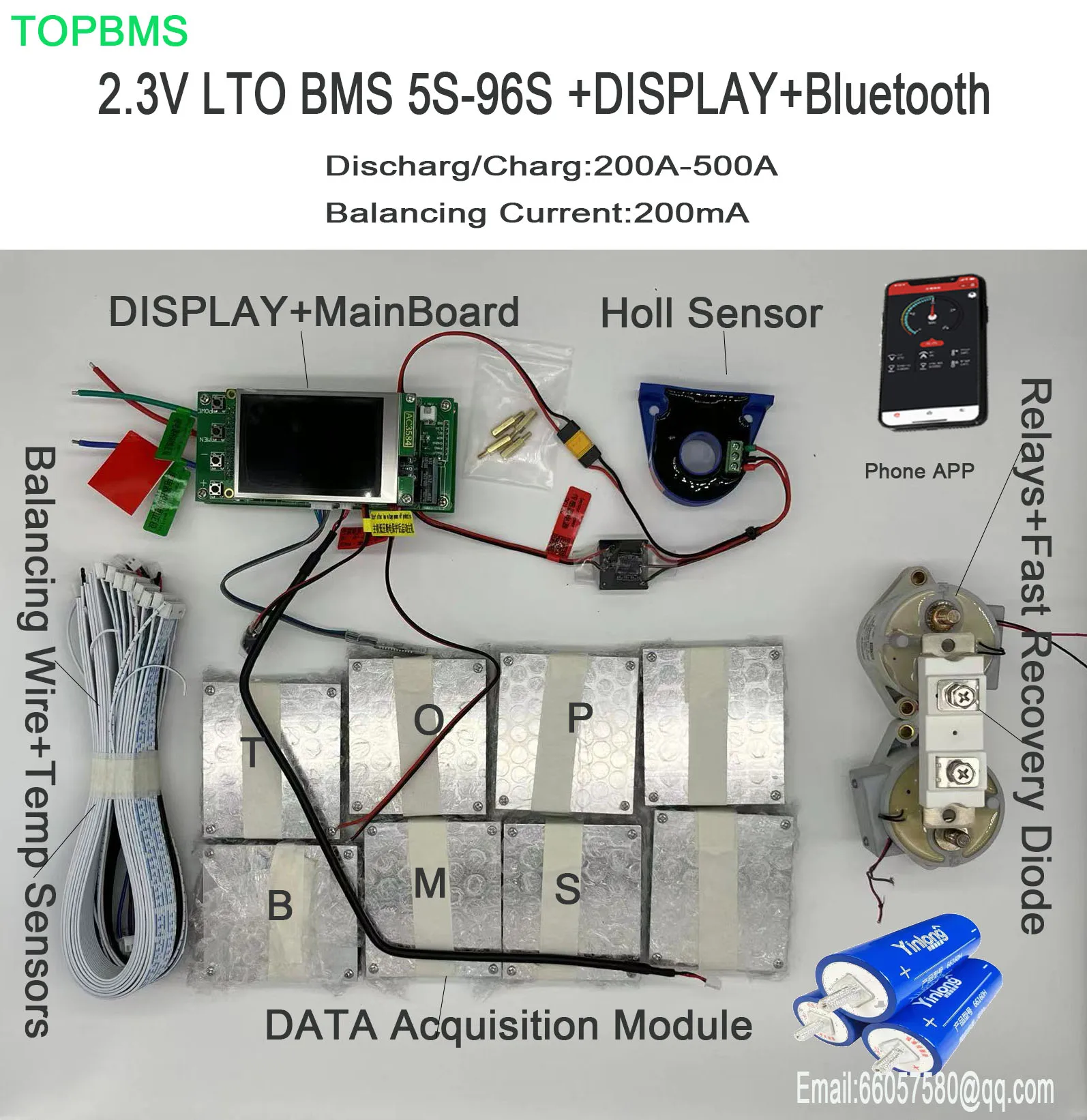 TOPBMS LTO BMS 5S-96S 2.3V 5S 30S 35S 48S 110V 60S 72S 96S 220V wyświetlacz Bluetooth rozładowywanie/ładowanie 200A 500A energia słoneczna