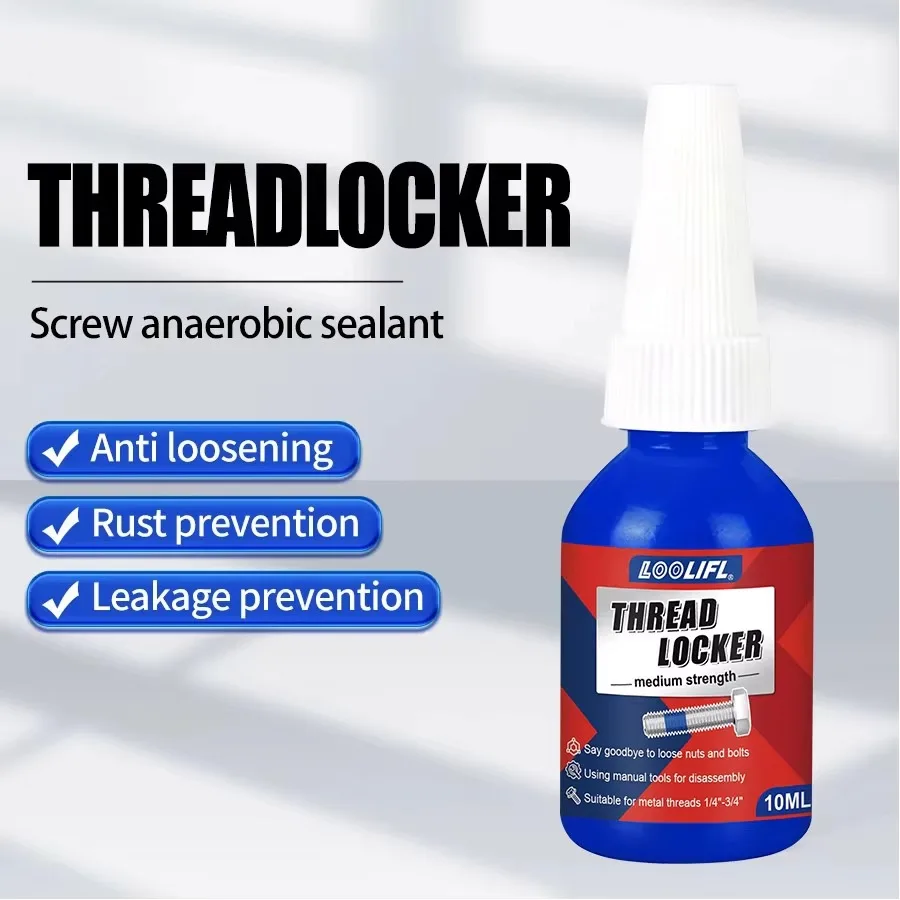 Loolifl-Blue-Threadlocker, ein Schraubenkleber und Gewindesicherungsmittel, verwendet fortschrittliche anaerobe Aushärtungstechnologie, harttrocknet bei Kontakt mit Metall und bietet starke Verriegelungs- und Antivibrations-Eigenschaften. Ölresistent – Detail 2