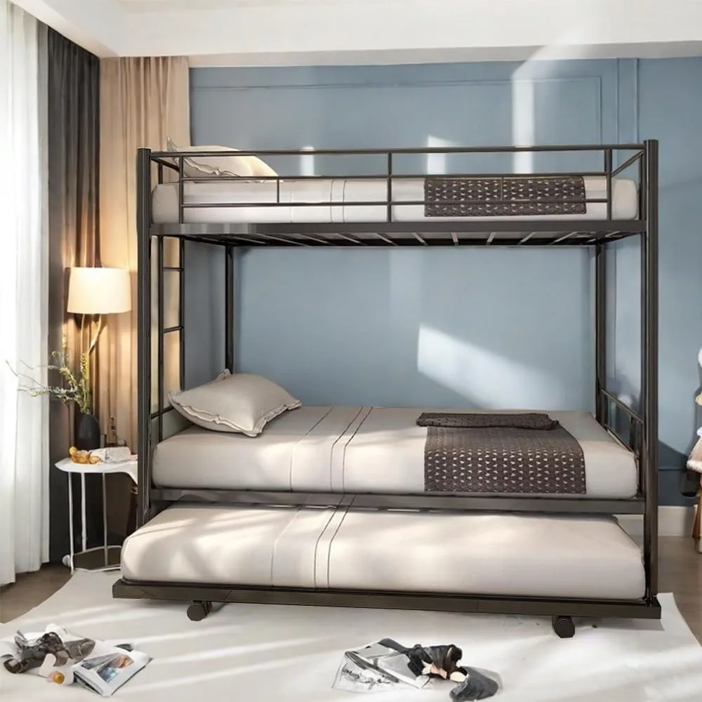 Over Twin Bunk Bed Frame with Trundle, Metal Bunk Bed Bedframe with Guard Rail and Ladders for Adults, Can be Divided into 3