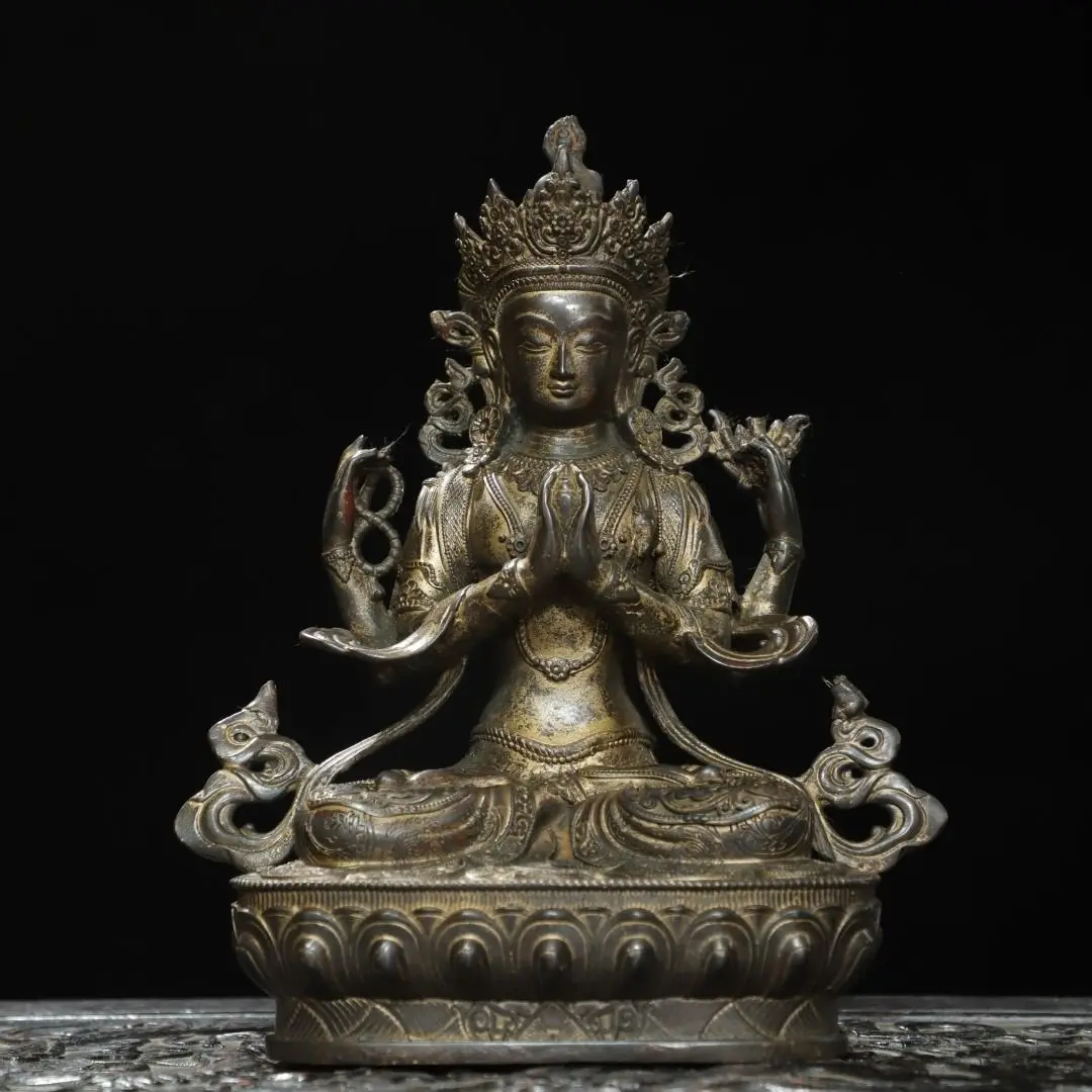Copper, mud gold [Four-arm Guanyin] Height 21 cm Width 13 cm Thickness 8 cm Weight 0.9 kg