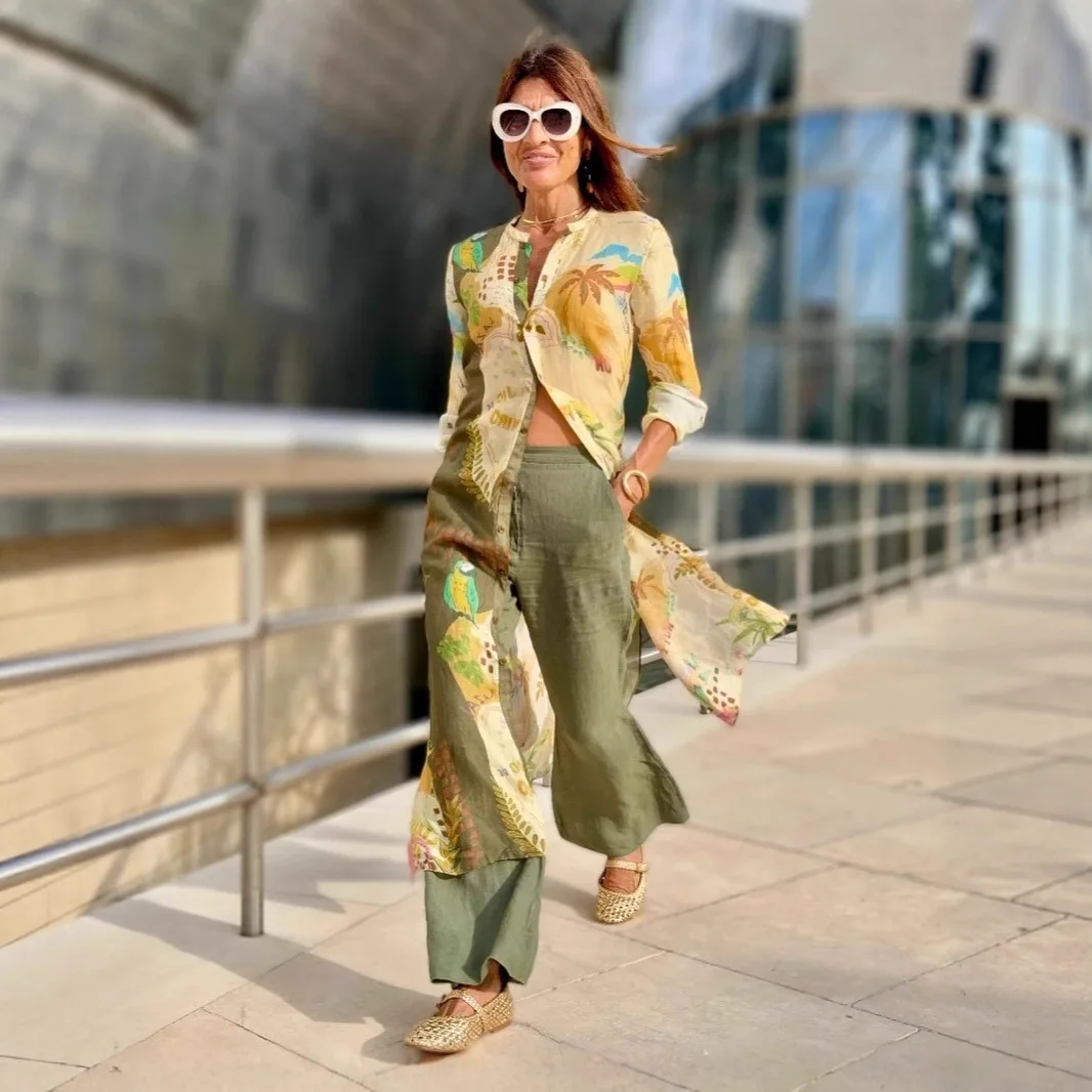 2025 Camisa casual impressa Moda europeia e americana Roupas femininas atmosféricas