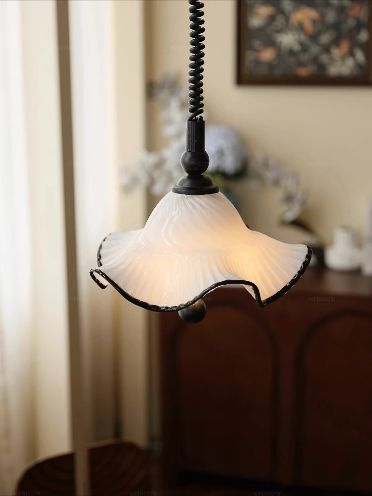 French medieval glass bedroom lamp, fluffy skirt, bar counter pendant lamp, wave shaped homestay restaurant pendant lamp