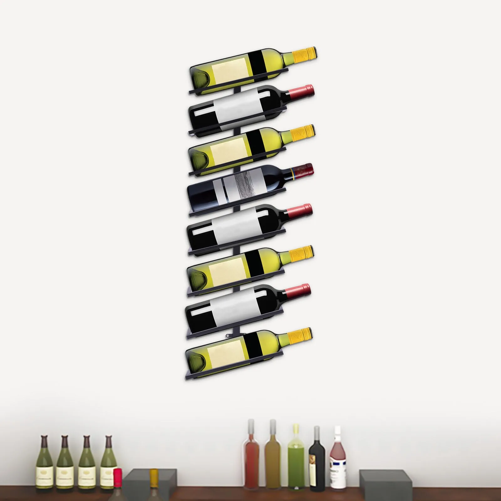 US 8 Bottle Wall Mounted Bar Wine Rack Bottle Holder Wine Hanging Glass Rack Black