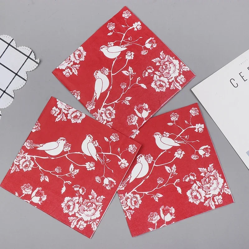 Red Chinese Style Colourful Napkin Printed Paper Napkin Wedding Hotel Pure Wood Pulp Paper 20pcs/pac Magpie 2-ply 33cm Foodgrade