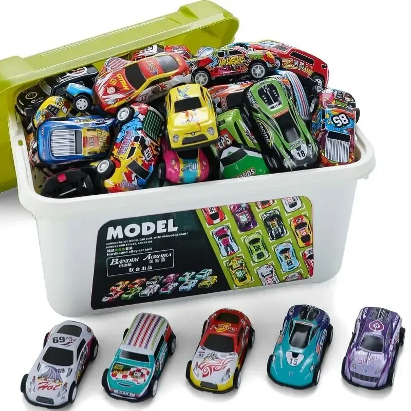 30pcs Mini Alloy Racing Cars Children's Rebound Car Iron Sheet Racing Car Children's Toys Storage Box Diecasts Toy Vehicles