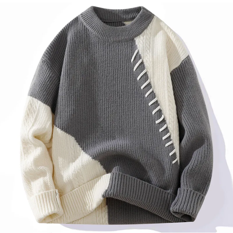 Men's Knitted Sweater Round Neck Color Matching Thick Casual Sweater Autumn Winter Warm Bottoming Pullover