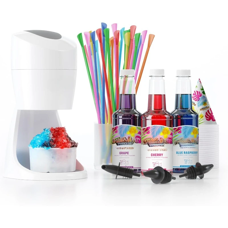 Ice Maker Kit - Home Snow-Like Dessert Machine for Kids with Cherry, Grape, Blue Raspberry Syrups - 25 Cups, Spoon Straws