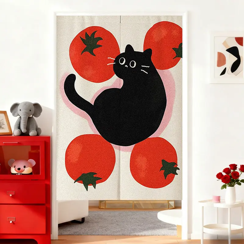 VIKAMA Rideau de porte Noren motif chat noir de dessin animé, demi-rideau de séparation pour cuisine, chambre, café, entrée, décoration intérieure
