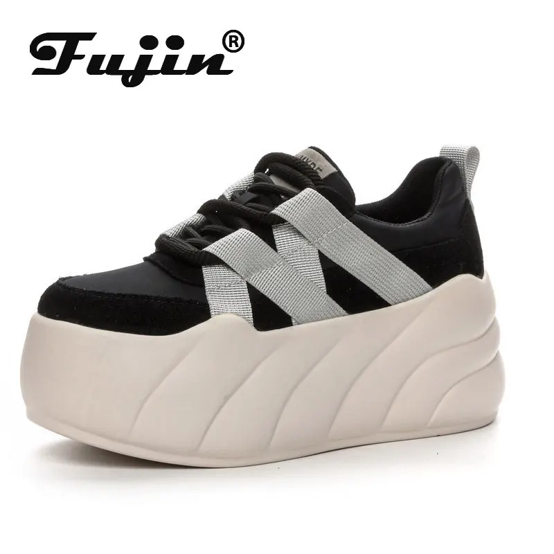 Fujin 8cm Synthetic Women Stable High Platform Chunky Sneakers Fashion Spring Autumn Vulcanize Cow Genuine Leather Lace Up Shoes