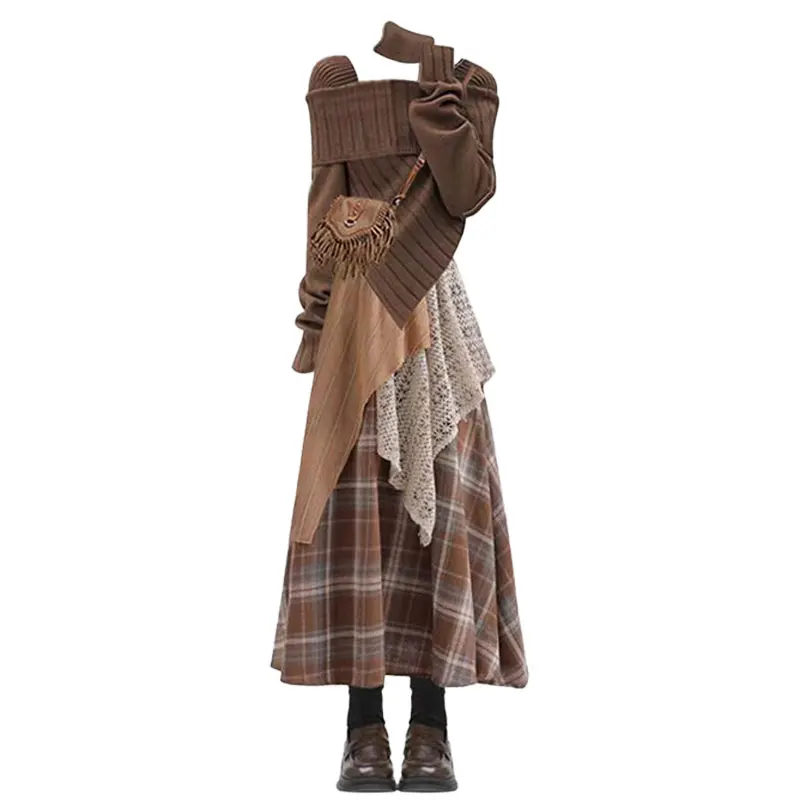 ชุดเซ็ตเสื้อสเวตเตอร์ถักและกระโปรงลายสก็อตสำหรับผู้หญิง ดีไซน์เก๋ไก๋ สวยหรู ดูดีมีสไตล์