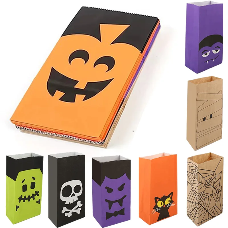 8 stücke Halloween Flache Mund Kraft Papier Tasche Niedlichen Cartoon-Muster Kürbis Schädel Spinne Web Party Sammeln Süßigkeiten Lagerung Tasche TMZ