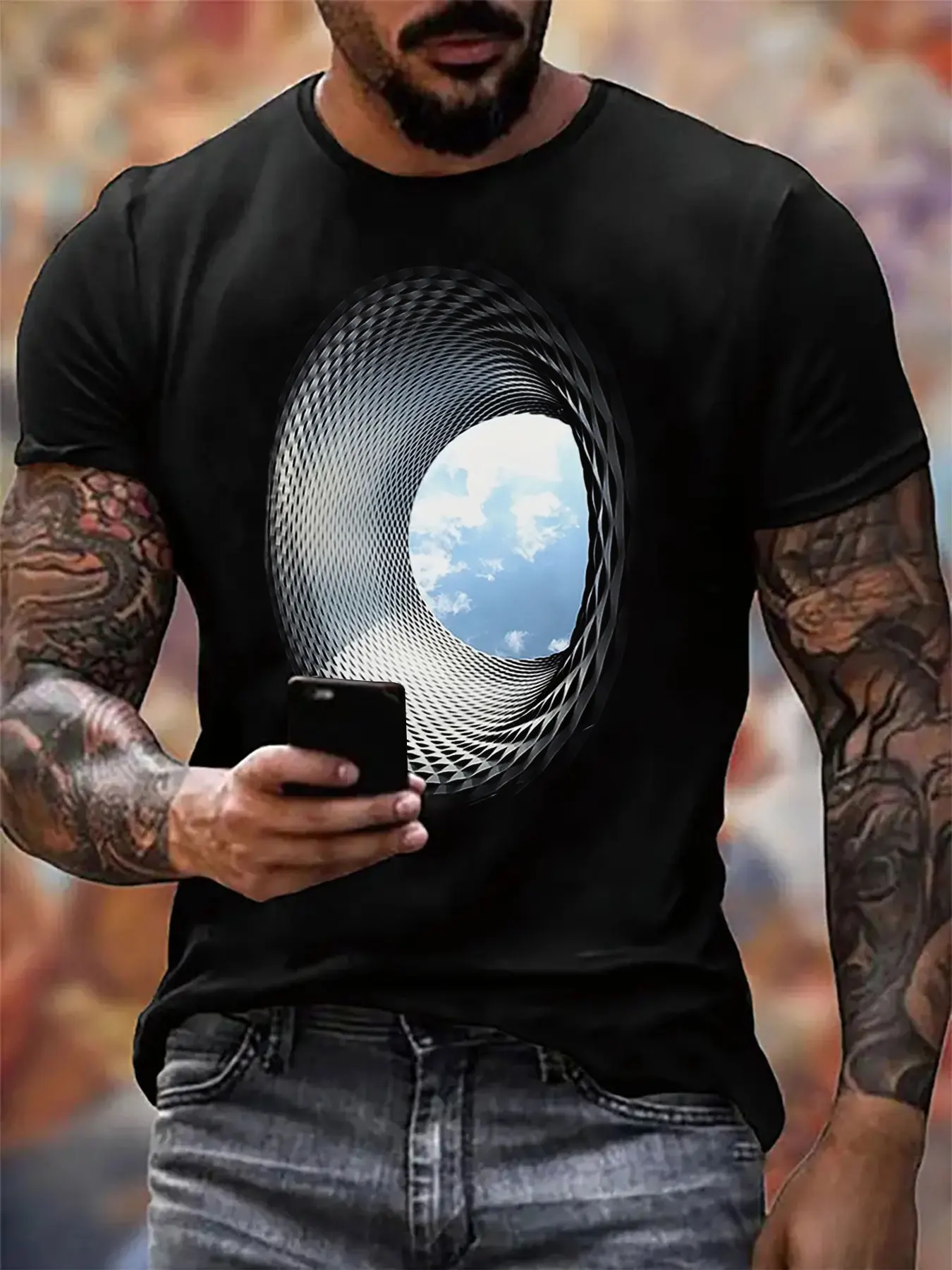 

Men's Spiral Sky View Print Soft Comfort Cotton Tee, Relaxed Fit Labor Day Gift For Him​