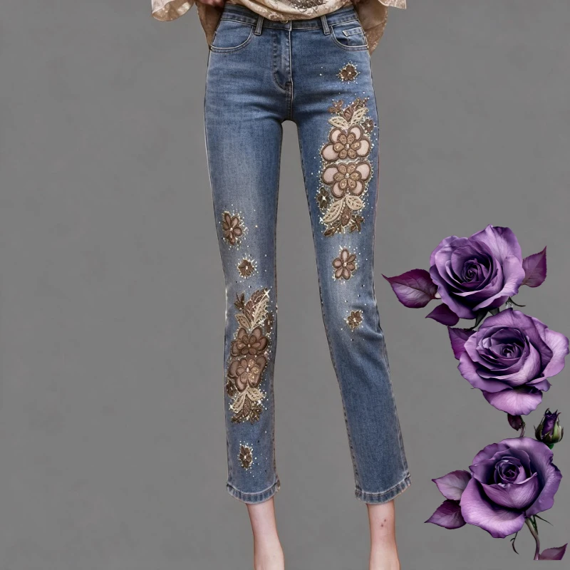 Design Embroidered Hot Diamond Jeans Women 2026 Autumn New High Waist Denim Trousers Skinny Elastic Harlan Radish Daddy Pants