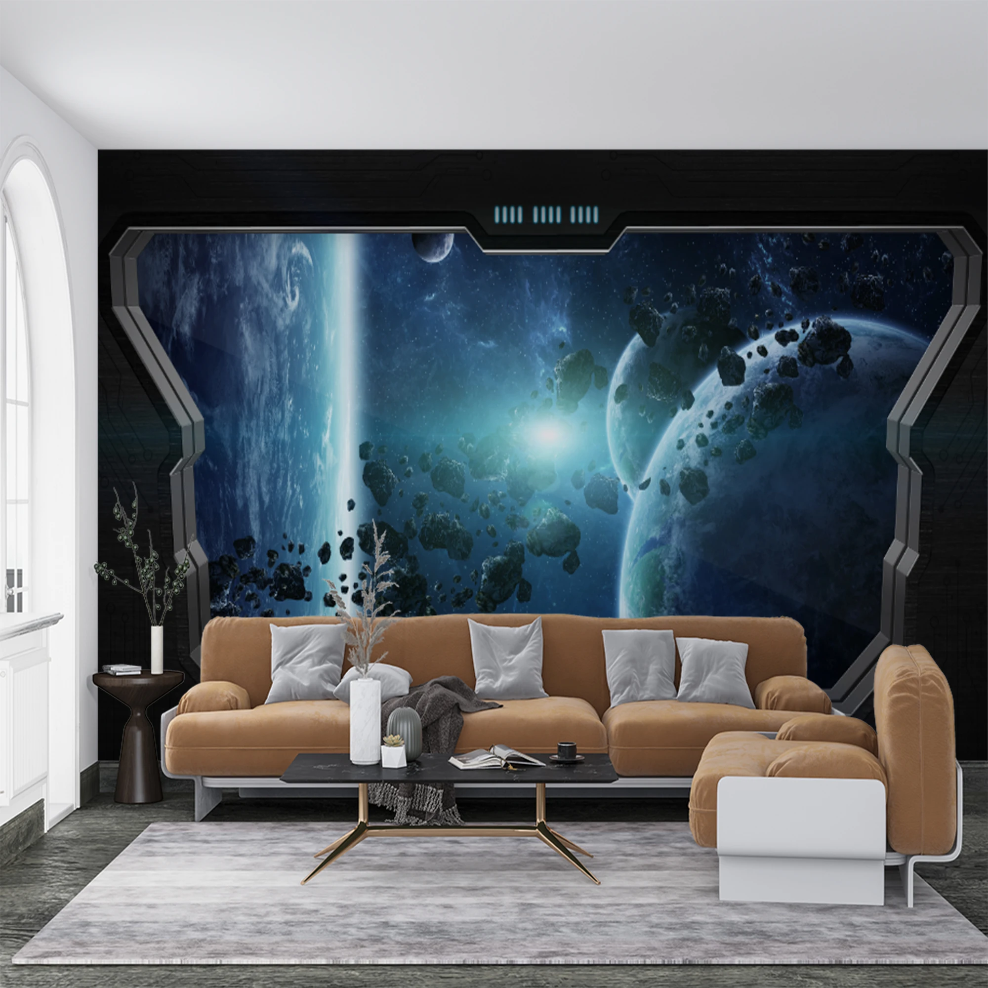 Custom Mural Wallpaper Spaceship Window View Outer Space Planet Asteroid, Sci-Fi Galaxy Wall Mural for Boys Bedroom Game Room