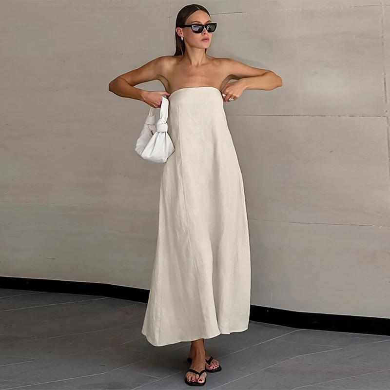 Französisch-Stil frauen Baumwolle-Leinen Trägerlosen Kleid Chic Neue Einfarbig Off-Schulter Backless Sexy Casual Sommer kleider Vestido – Detail 3