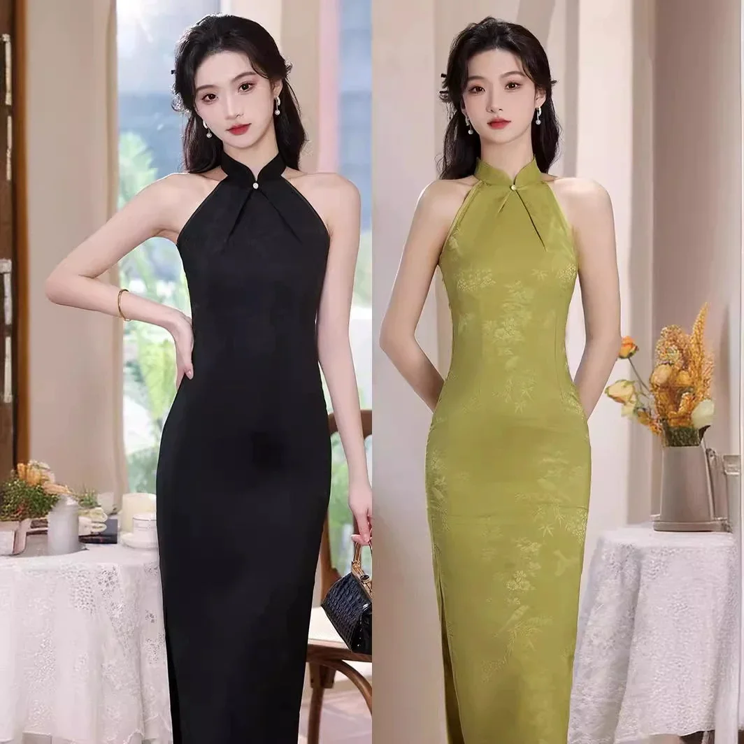 

Cheongsam с подвесным вырезом, новинка 2025, темпераментное женское летнее сексуальное черное длинное платье Ципао в китайском стиле