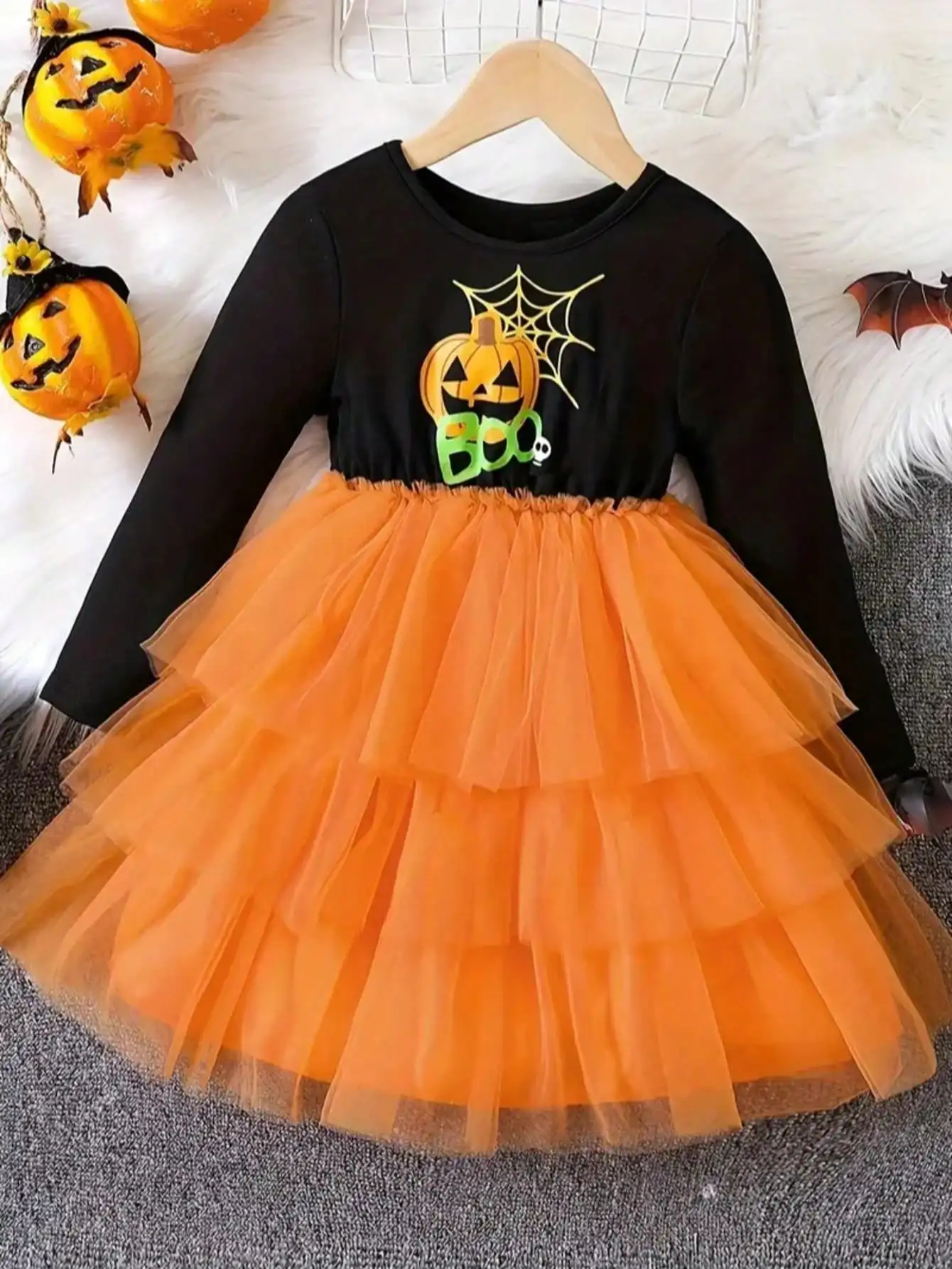 Halloween Kinder Langarm-Mesh-Kleid mit Kürbismuster, Lässiger Rundhalsausschnitt, Herbst-Winter-Kleidung für Kinder – Detail 3