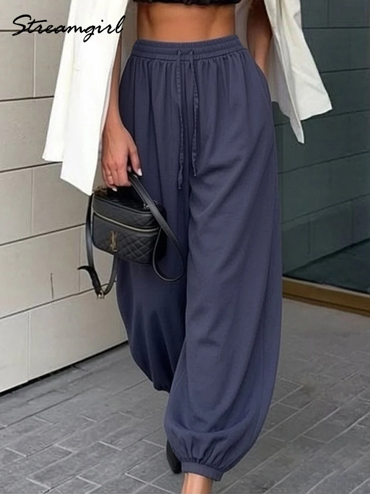 

Summer Wide Leg Women Aladdin Pants And Trousers Trend 2026 Cotton Oversized Blue Baggy Elastic Pants For Woman Ankle Trousers