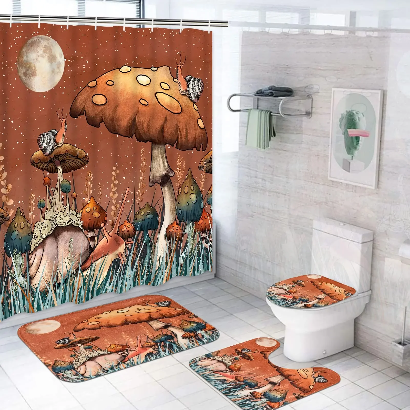 Mushroom Butterfly Flower Shower Curtain Set Non-Slip Rugs Toilet Lid Cover Bath Mat Moon Stars Waterproof Retro Bathroom