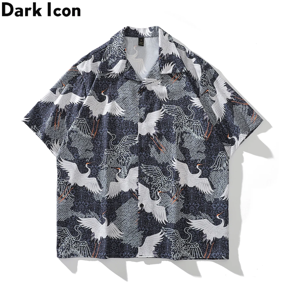 Dark Icon Crane Full Printed Button Down Vintage Shirts Men Thin Material Beach Shirts Vintage Street Men\'s Shirts Summer Hawaii