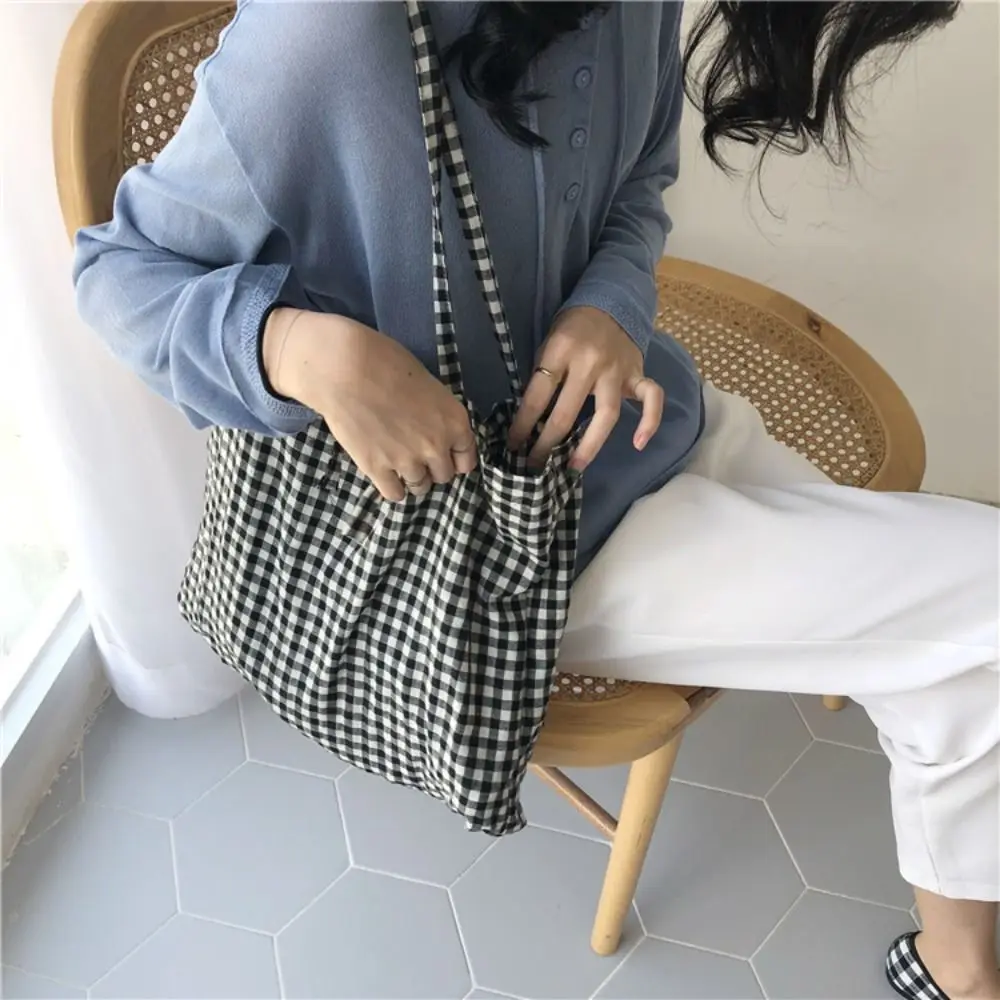 Canvas Women\'s Tote Shoulder Bag Plaid Large Capacity Girls Student Book Handbags Folding Ladies Purse Pouch Large Shopping Bag